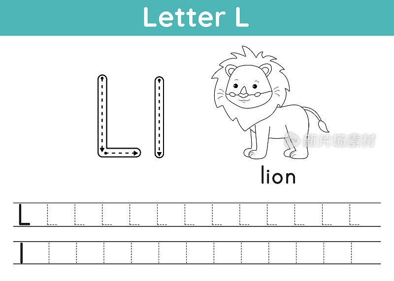 字母ABC, a-z练习。着色页面。画字母L.填色书词汇。可爱的卡哇伊狮子。可打印的活动工作表。有教育意义的游戏。矢量图